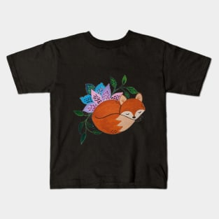 Little Fox and Floral Pattern in Acrylic Style Kids T-Shirt